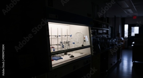 Laboratory fume hood with glass sash lowered