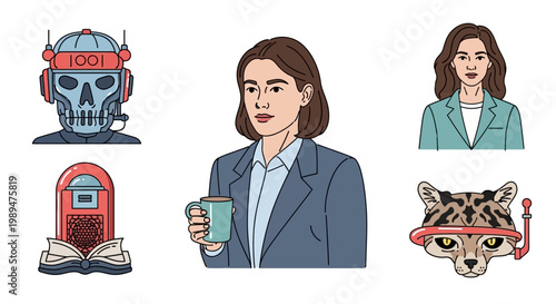 Collection of Diverse Illustrations Featuring People Animals and Technology.