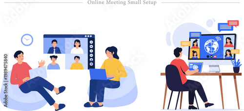 Online Meeting Small Setup Flat Vector Remote Collaboration Home Office Video Conference Illustration