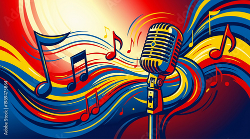 Vintage Microphone on Colorful Abstract Musical Background.