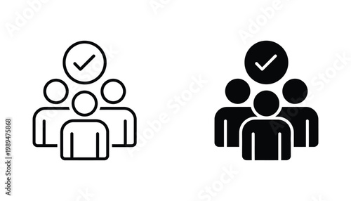 Team approval checkmark icon with a group of people in outline and solid black style for human resources and collaborative project management