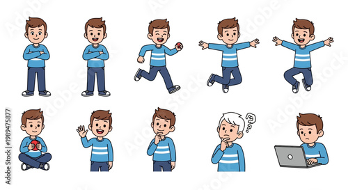 Collection of Cartoon Boy Poses and Expressions.