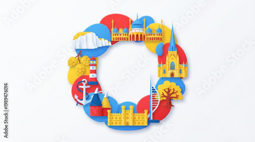 Colorful Circular Collage of Famous Landmarks and Travel Icons.