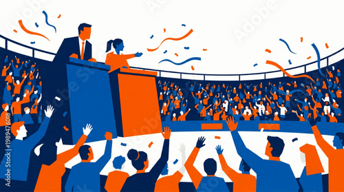 Politician speaking to cheering crowd at rally.