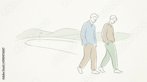 Two men walking side by side in a minimalist style.