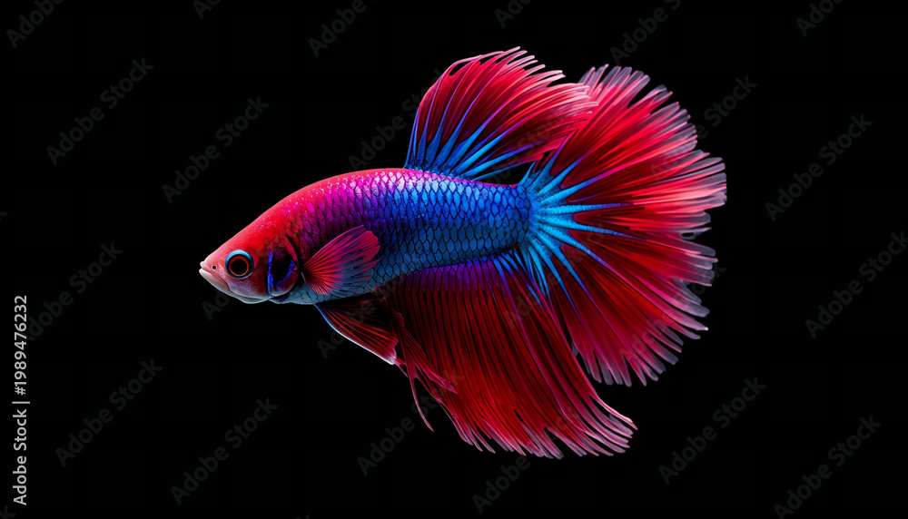 Fototapeta premium Vibrant Betta Fish with Flowing Fins Isolated on Black Background, Exotic Aquarium Beauty