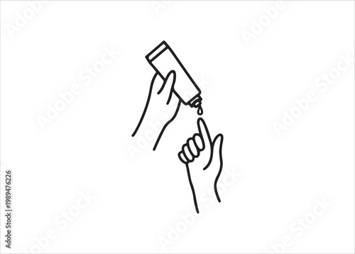 Line drawing of hand applying lotion to finger  simple illustration