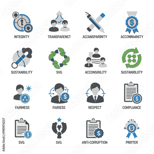 Set of Business Ethics and Corporate Social Responsibility Icons.