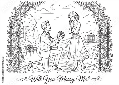 Man proposing to woman in garden with flowers and bench