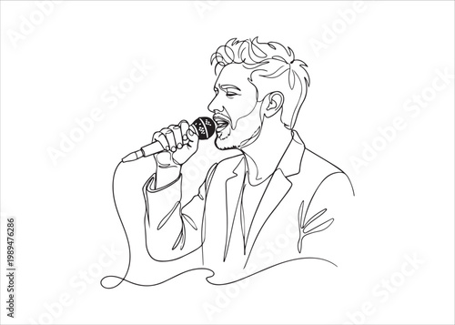 Man singing into a microphone wearing a suit jacket isolated on white background