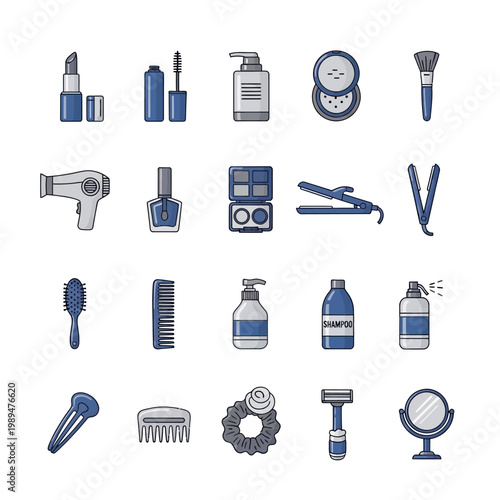 Collection of beauty and hair care tools and products.