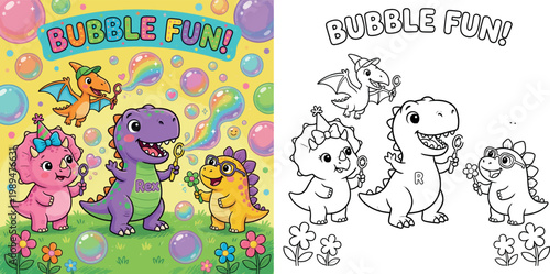 Cute Cartoon Dinosaurs Playing with Rainbow Bubbles Illustration coloring page