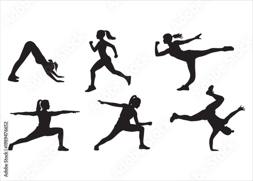 Set of women in various fitness and dance poses silhouettes