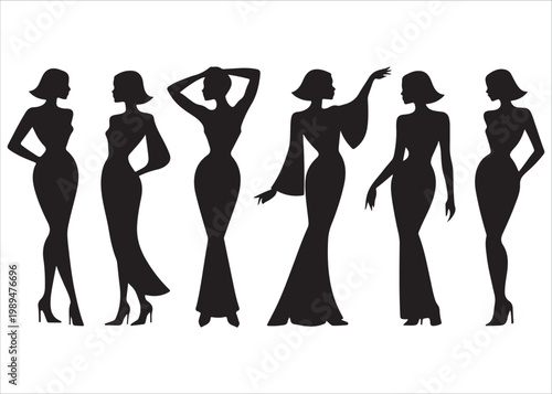Six black silhouettes of women in elegant evening gowns and high heels poses