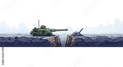 Foggy Dawn Unveils a Shadowy Trench Where a Tank Stands Sentinel, Guarded and Waiting