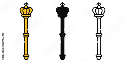 Three ornate scepter icons in different colors on a white background
