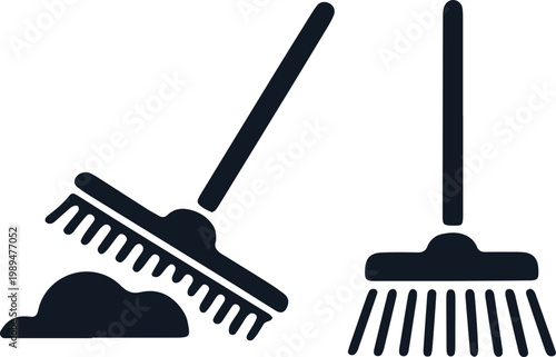 Broom and rake for cleaning dirt and dust vector graphics.