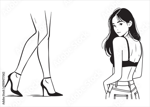 Woman in casual outfit with long hair and high heels posing alone