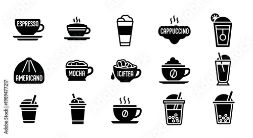 A comprehensive collection of black and white coffee and beverage icons, featuring various hot and cold drinks like espresso, americano, mocha, and cappuccino.