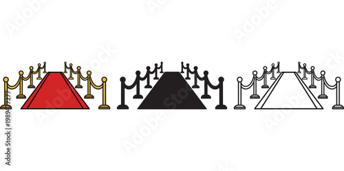 A graphic illustration of red carpet and stanchions in various colors and designs