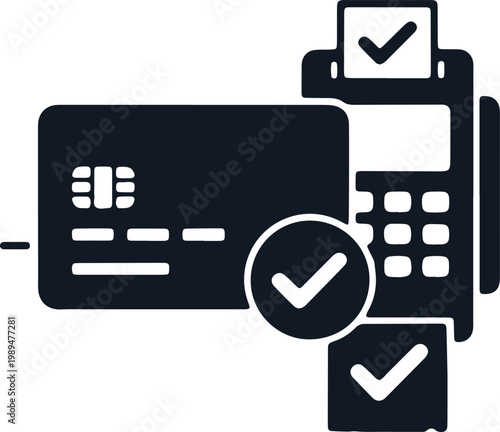 Credit card payment icon with point of sale terminal and check marks for secure financial transactions and commerce.