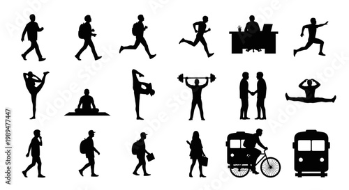 A collection of black silhouettes illustrating diverse human activities including walking, running, exercising, working, and social interaction, plus transportation.