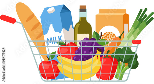 A shopping basket filled with fresh produce and groceries