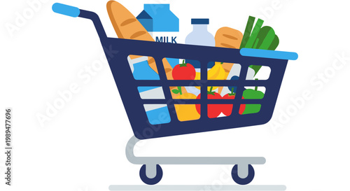 A shopping cart filled with various grocery items