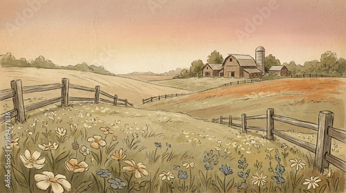 Charming Watercolor Farm Landscape with Wildflowers and Rustic Fence.