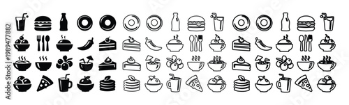 Set of 60 Food and Drink Outline and Glyph Icons Vector