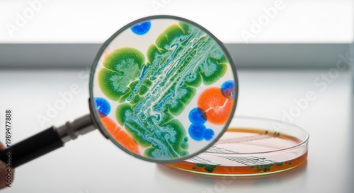 Magnifying Glass Examines Colorful Petri Dish Culture