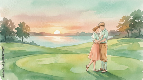 Couple Embracing on Golf Course at Sunset.
