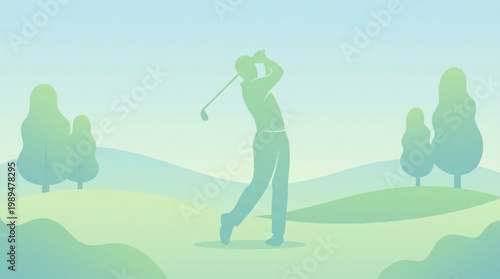 Golfer in silhouette swinging a club on a course.