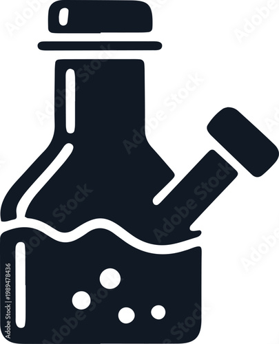 Illustration of laboratory flask with bubbling liquid and stopper, beaker with scientific experiment.