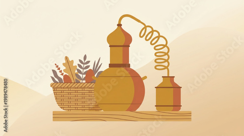 Herbal Distillation Apparatus with Botanical Ingredients.