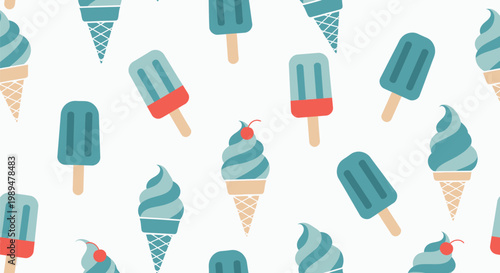 Summer Ice Cream Seamless Pattern, Flat Vector Popsicle and Soft Serve Cone Illustration, Sweet Frozen Dessert Background for Party Decor and Packaging Design