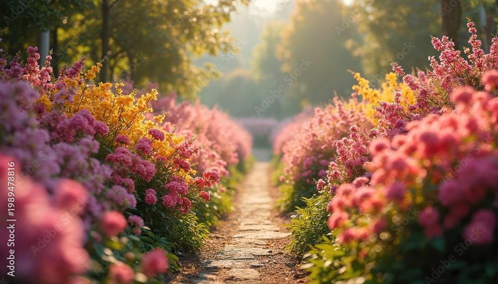 Obraz premium Stone path through garden with rows of pink and yellow blooming flowers. Green trees and soft sunlight create a peaceful atmosphere. Perfect for spring or summer nature scenes.