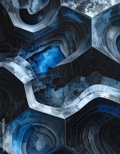 Abstract geometric artwork, featuring layered hexagonal shapes with varying tones of blue, gray and white