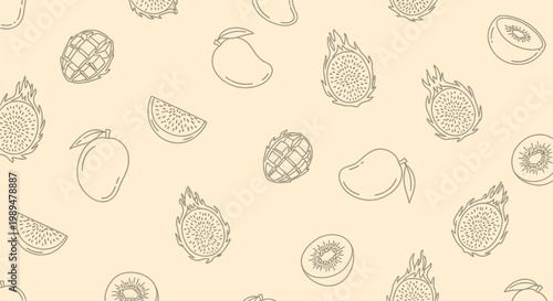Minimalist Tropical Fruit Line Art Pattern, Black Ink Mango Dragonfruit and Kiwi Illustration, Organic Food Botanical Outline for Packaging and Textile Design