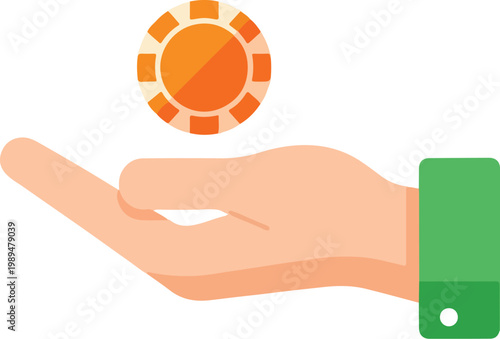 A flat vector illustration of a human hand holding a single orange casino poker chip.