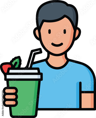 A friendly young man holding a green smoothie drink with a straw.