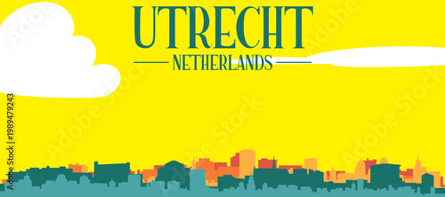 A colourful vector cityscape with sunset tones representing retro minimalist tourist poster skyline of UTRECHT, NETHERLANDS
