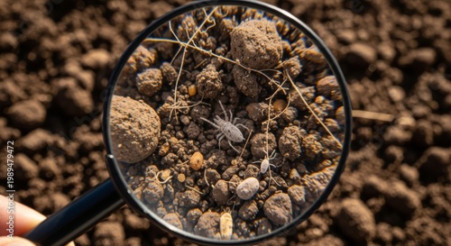 Magnifying glass examines tiny creatures in soil sample