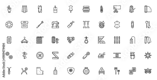 Sewing icon set. Vector illustration pack. Includes thimble, skirt, crochet, mannequin, fabric, needle, thread, zipper, button, ruler, iron and more. Editable stroke.