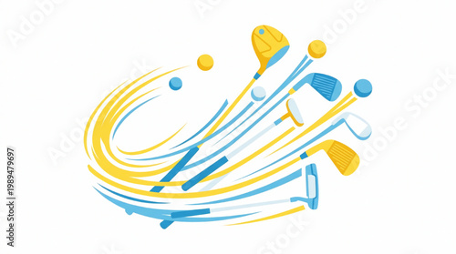 Abstract dynamic motion of golf clubs and balls.