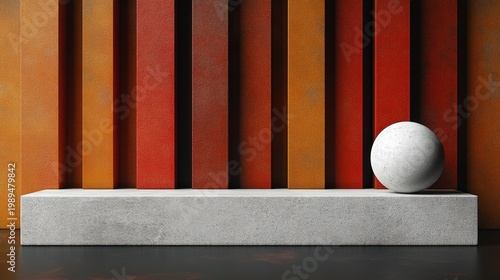 Bold hues of orange and red create a stunning backdrop for a smooth round sculpture