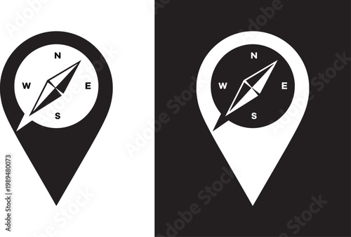 A black and white image of two compasses