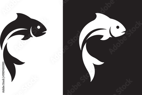 A black and white fish logo on a split color background