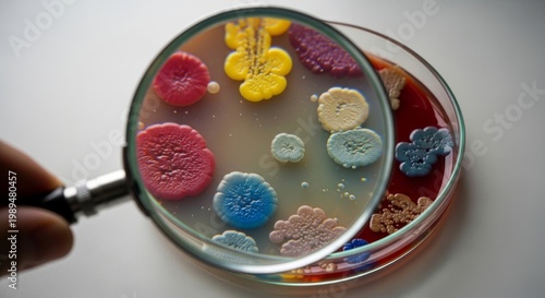 Magnifying glass over colorful bacterial cultures in petri dish