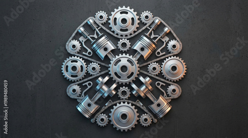 Intricate Mechanical Engine Parts Arranged in Circular Pattern.